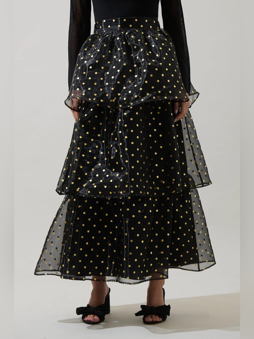Sugar Lips NWT Tiered Black Maxi Skirt with Gold Polka Dots - Picture 2 of 16